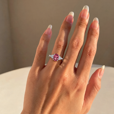 Lab Grown Padparadscha Sapphire Three Stone Diamond Engagement Ring