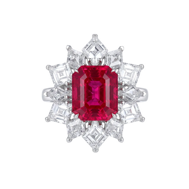 Emerald-Cut Lab Grown Pink Sapphire and Asscher Diamond Starburst Ring