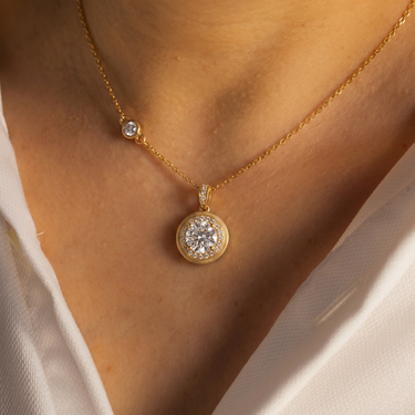 Brushed Gold Diamond Halo Pendant Necklace