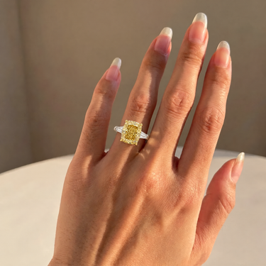 10ct Cushion Cut Three Stone Yellow Diamond Engagement Ring