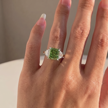 Green Princess Cut Diamond Trapezoid Three Stone Ring
