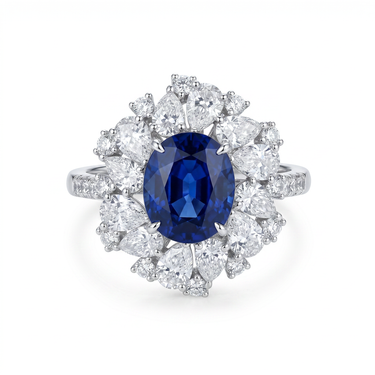 Lab Grown Oval Blue Sapphire Cluster Halo Diamond Ring
