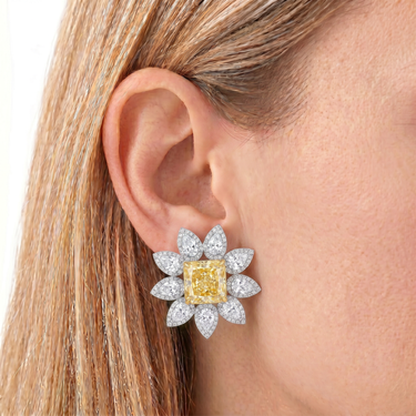 14.8CTW Yellow Diamond Floral Halo Stud Earrings