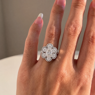 Oval Cut Diamond Floral Cluster Halo Statement Ring