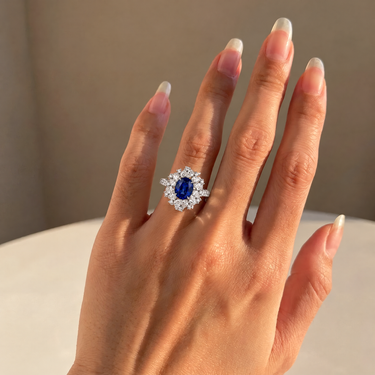 Lab Grown Oval Blue Sapphire Cluster Halo Diamond Ring