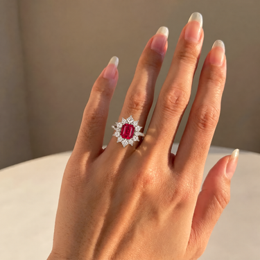 Emerald Cut Lab Grown Pink Sapphire And Asscher Diamond Starburst Ring