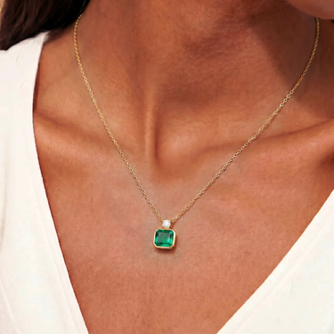 Lab Grown Emerald and Round Cut Diamond Bezel Setting Necklace