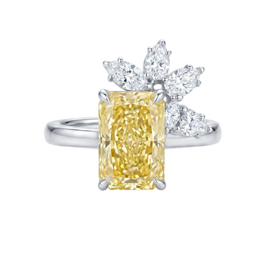 Radiant Cut Yellow Diamond Marquise Side Cluster Diamond Engagement Ring