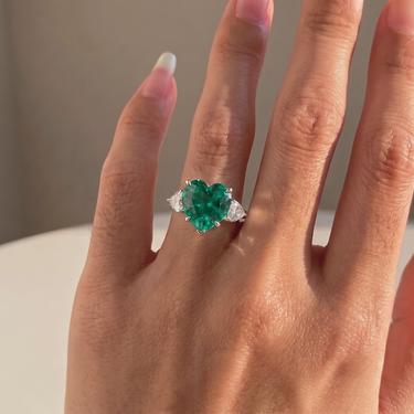 11 Carat Lab Grown Emerald Heart Cut Three Stone Ring