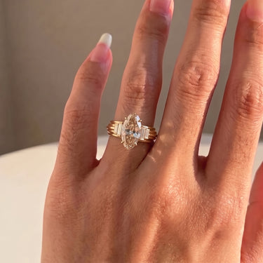 Champagne Moval Cut Diamond Engagement Ring With Baguette Side Stones