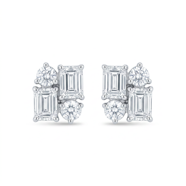 Emerald-Cut & Round Diamond Cluster Stud Earrings