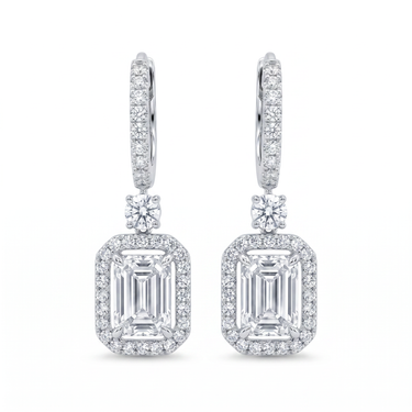 Emerald Cut Halo Drop Hoop Earrings