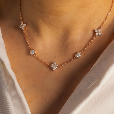 Bezel Set Round and Clover Diamond Station Necklace