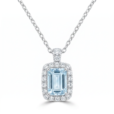 Emerald Cut Aquamarine Halo Pendant Necklace