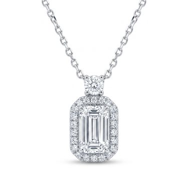 Round and Emerald Cut Diamond Halo Pendant Necklace